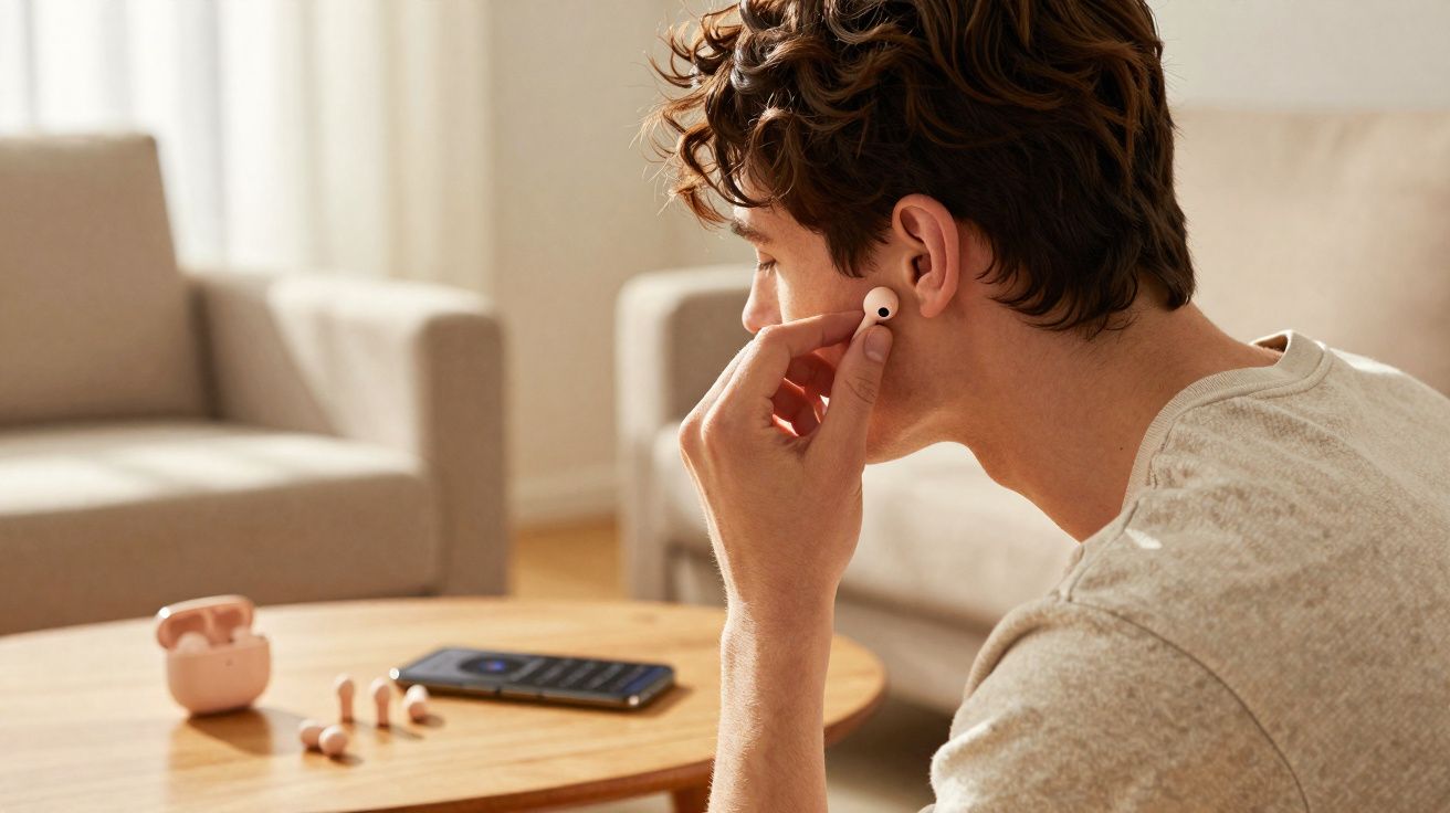 Jovem a colocar auscultadores sem fios num ouvido, sentado numa sala com mesas e sofás ao fundo.
