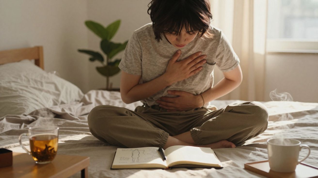 Pessoa sentada na cama, com expressão de dor e mãos no peito e estômago, livro aberto à frente.