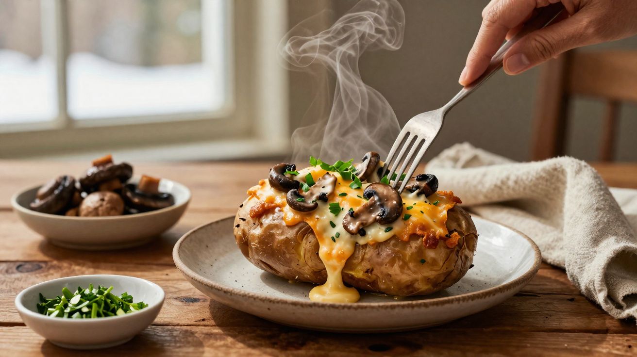 Batata assada com queijo derretido, cogumelos e cebolinho, com vapor a subir e garfo a cortar.