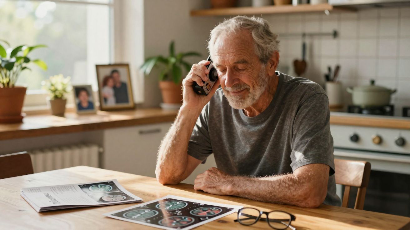 Idoso sorri ao telefone sentado à mesa da cozinha com exames médicos e óculos à sua frente.