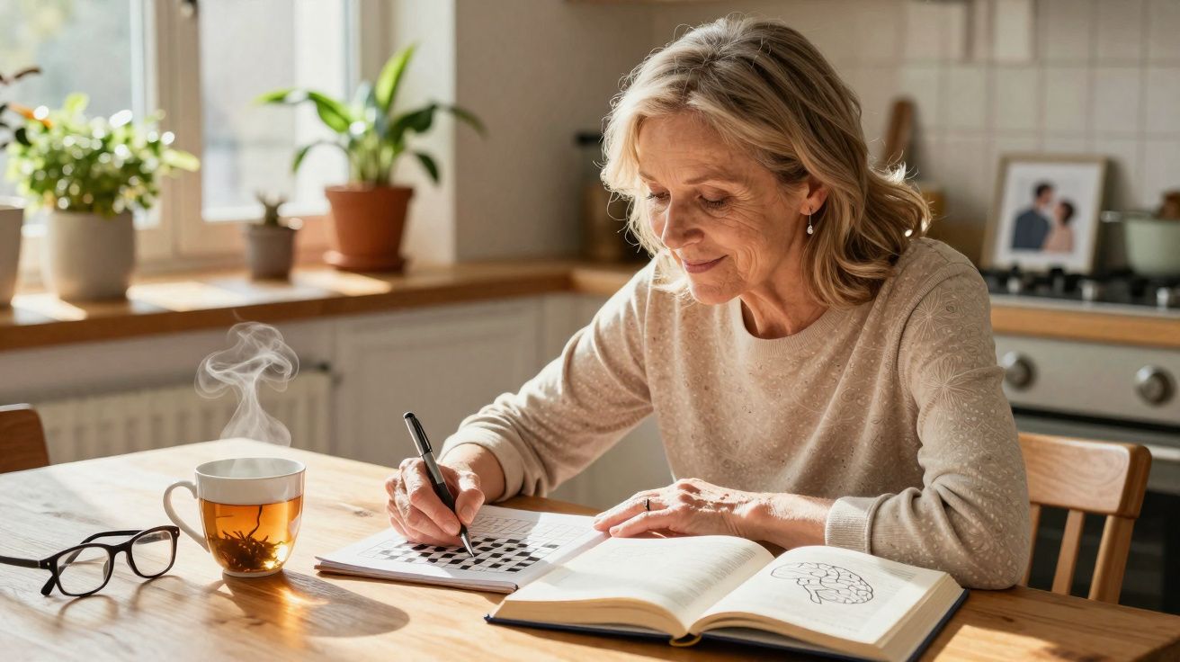 Mulher sénior a fazer palavras cruzadas à mesa com chá quente e óculos ao lado, numa cozinha iluminada.