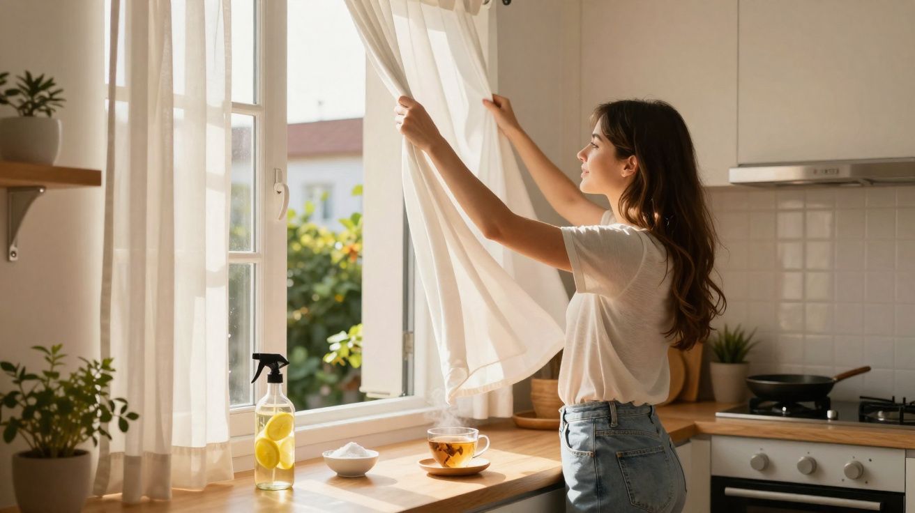 Mulher abre cortina branca numa cozinha iluminada pelo sol da manhã com plantas e chá na bancada.