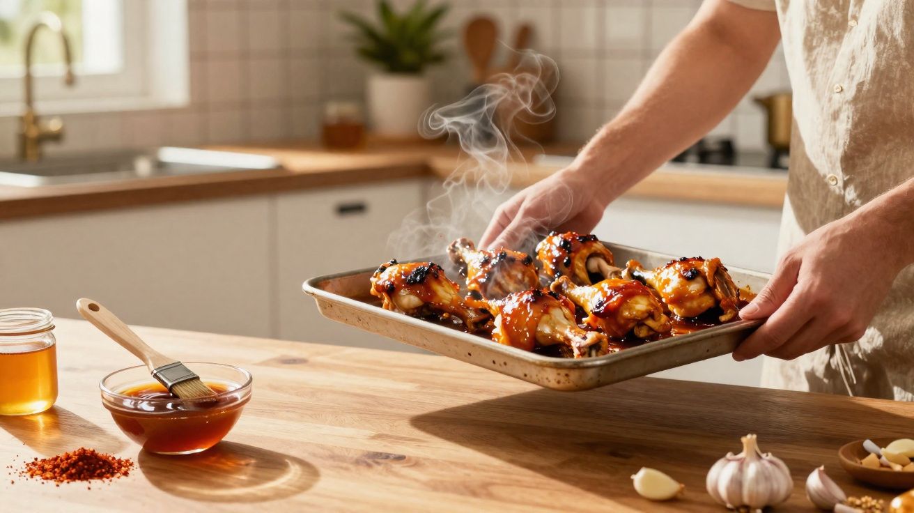 Pessoa a segurar travessa com frango glaseado e fumegante numa cozinha com ingredientes e molhos sobre a mesa.
