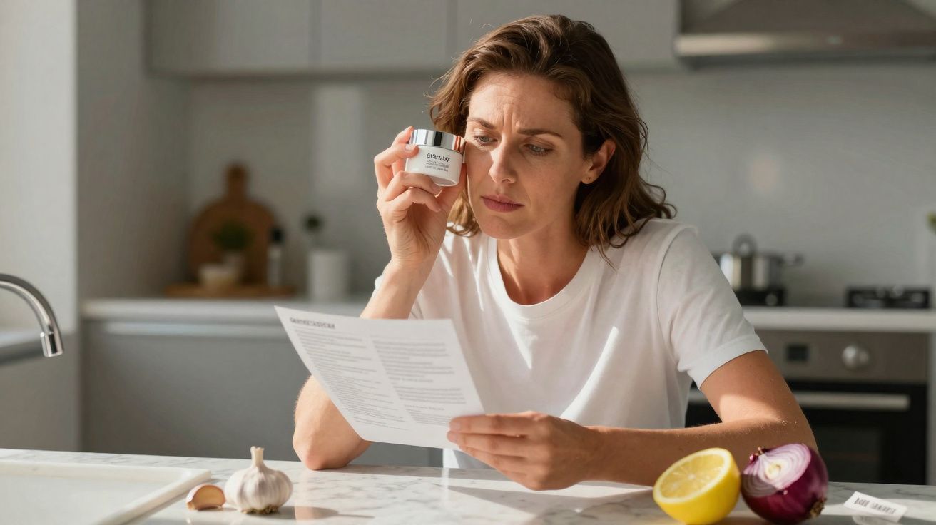 Mulher sentada à mesa com creme facial na mão, lendo atentamente instruções de uso.