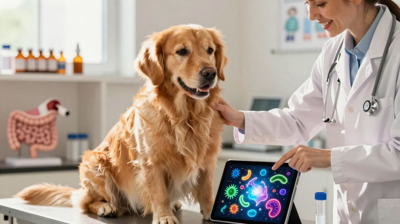 Veterinária examina cão dourado, mostrando ilustração de microrganismos num tablet numa clínica.