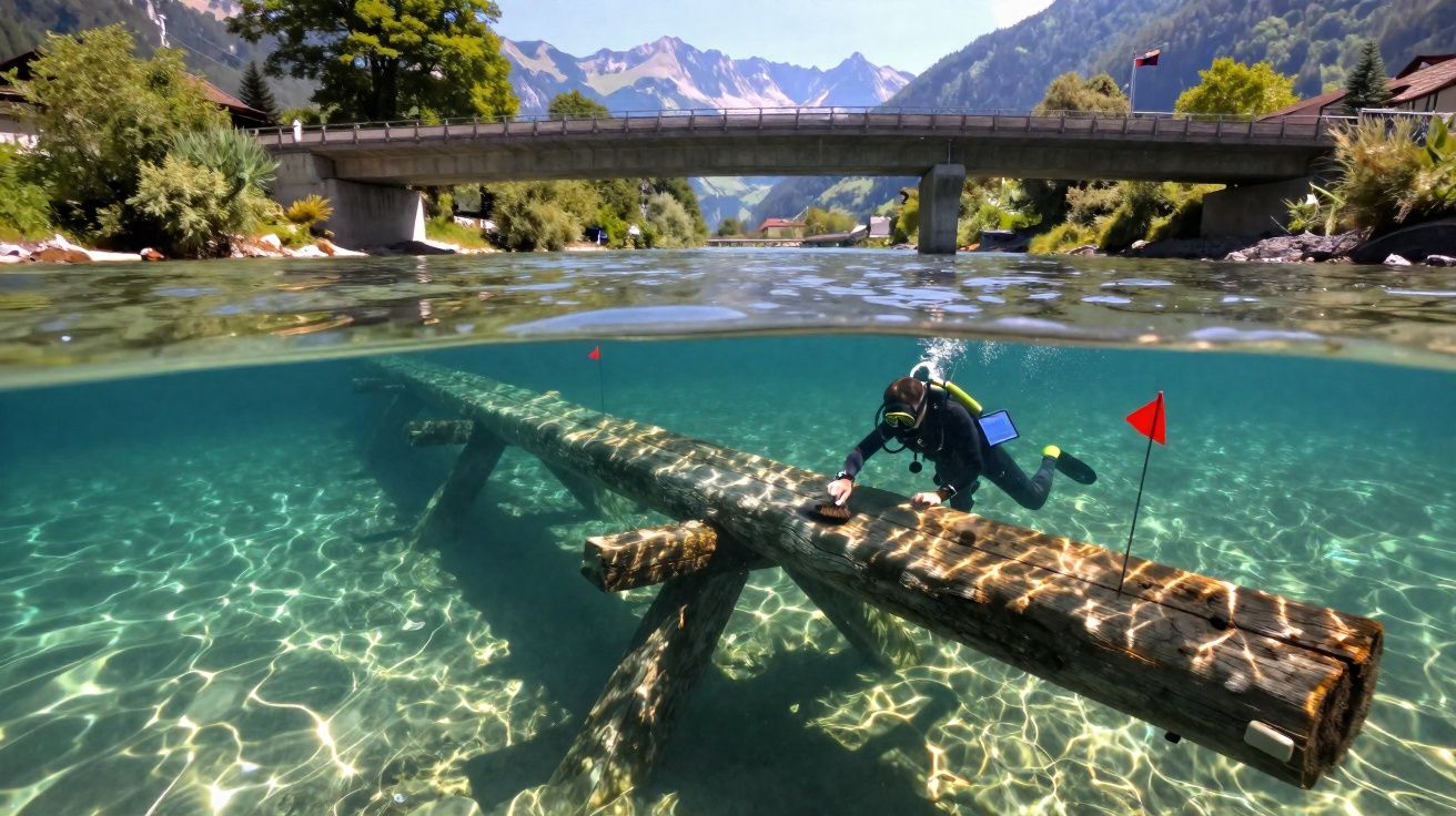 Mergulhador em água cristalina examina estrutura de madeira submersa perto de ponte, rodeado por montanhas e vegetação.