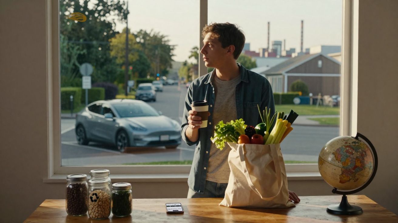 Homem com saco de compras frescas e café, olhando pela janela de uma casa com vista para rua suburbana.