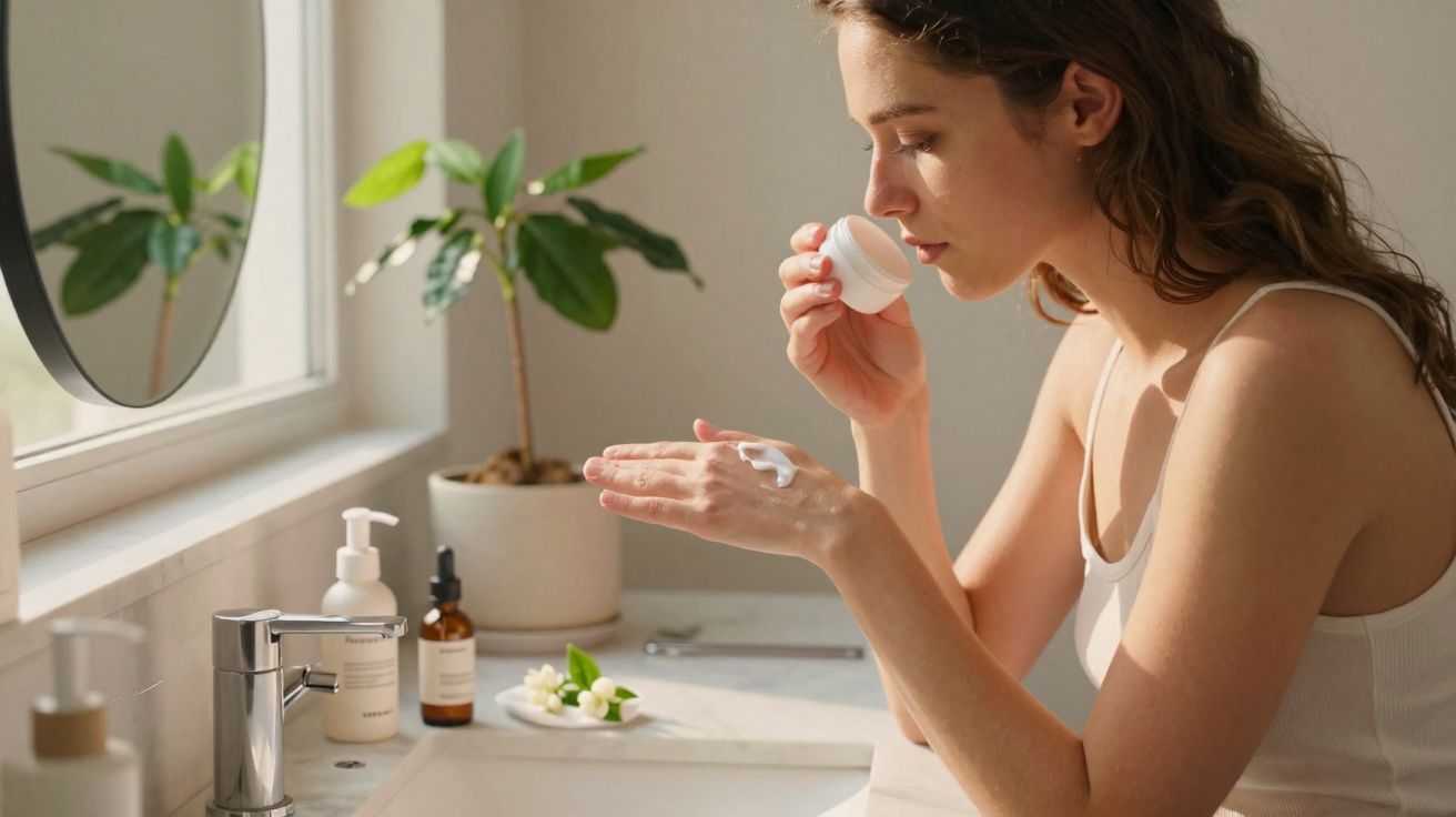 Mulher a aplicar creme nas mãos em casa, junto a uma janela com luz natural e plantas no lavatório.