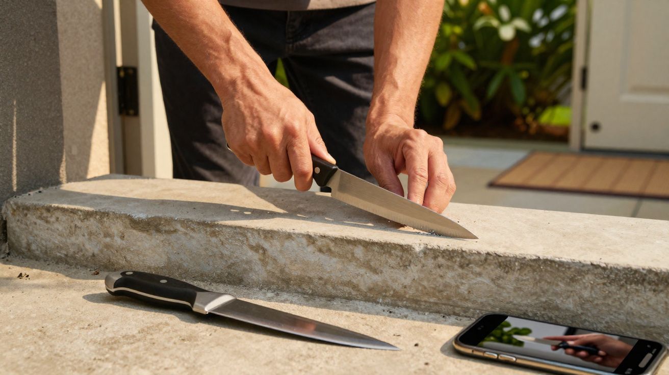 Mãos de uma pessoa cortando pedra com uma faca, com outra faca e um telemóvel na pedra.