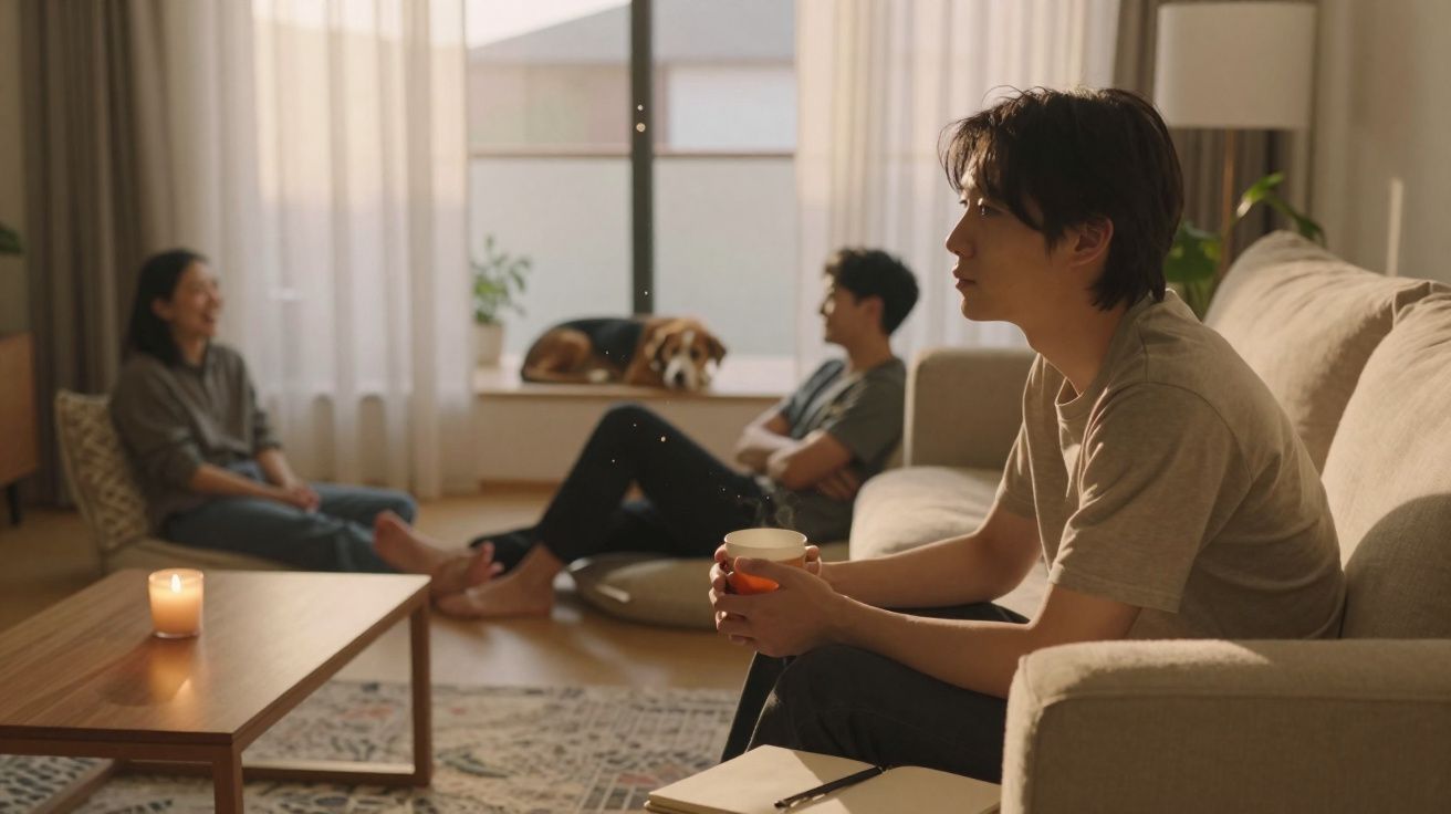 Três pessoas relaxam numa sala de estar iluminada, uma segurando uma chávena, com um cão na janela.