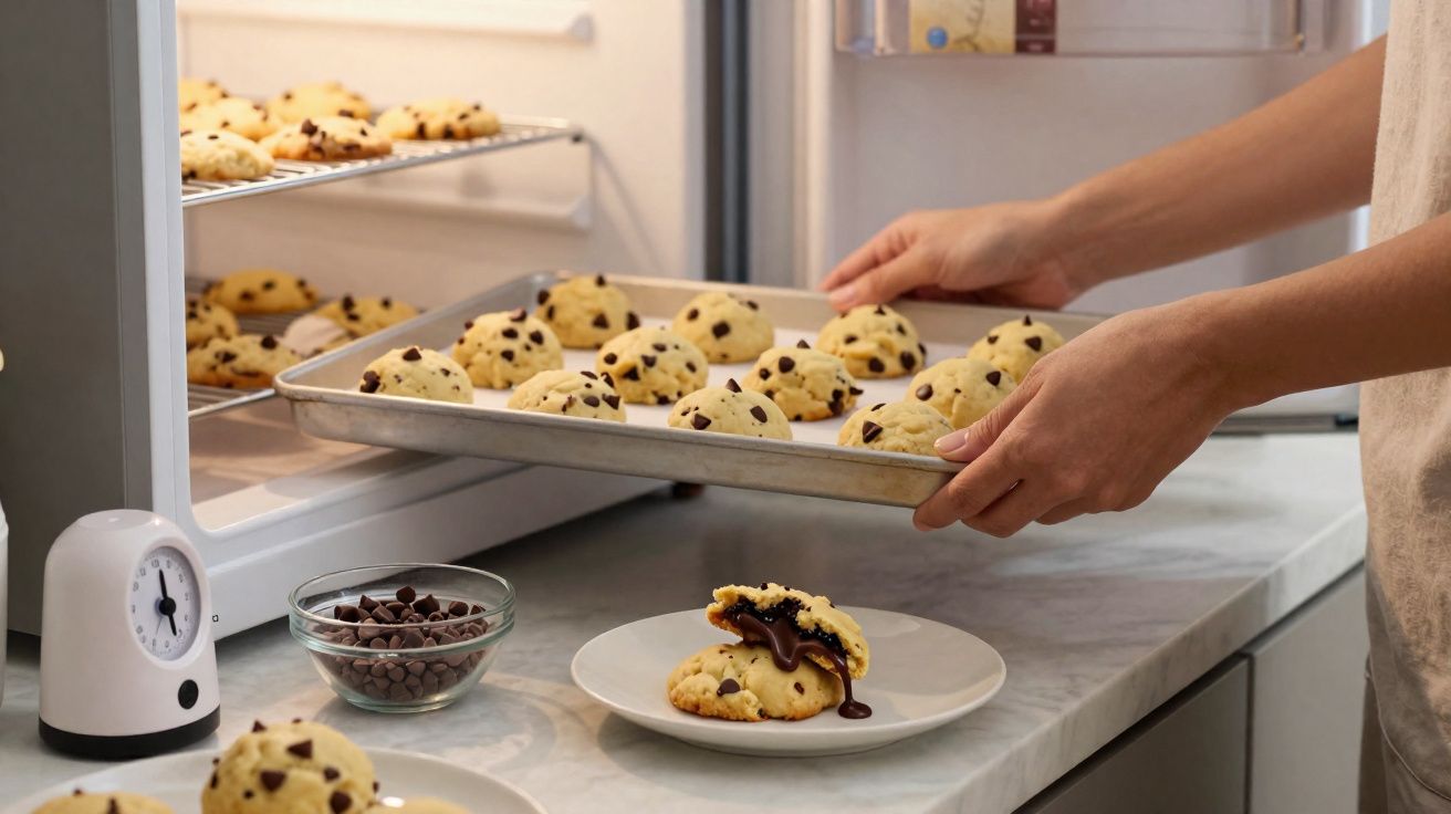 Mãos a retirar tabuleiro de bolachas com pepitas de chocolate do forno, bolacha aberta com chocolate derretido num prato.