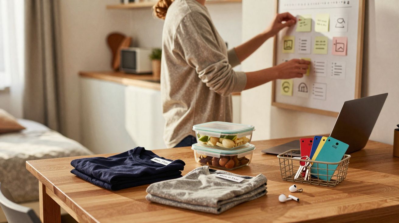 Pessoa a organizar notas num quadro branco, com roupa dobrada, snacks, laptop e auscultadores numa mesa de madeira.