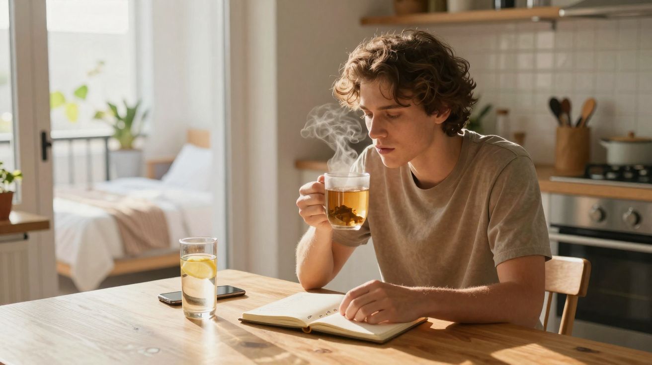 Jovem sentado à mesa com chá quente e a ler um livro na cozinha iluminada pela luz natural.