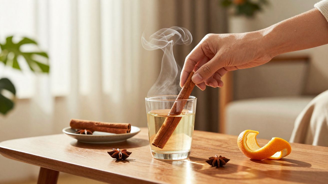 Mão a mergulhar pau de canela em chá quente com vapor num copo sobre mesa de madeira.