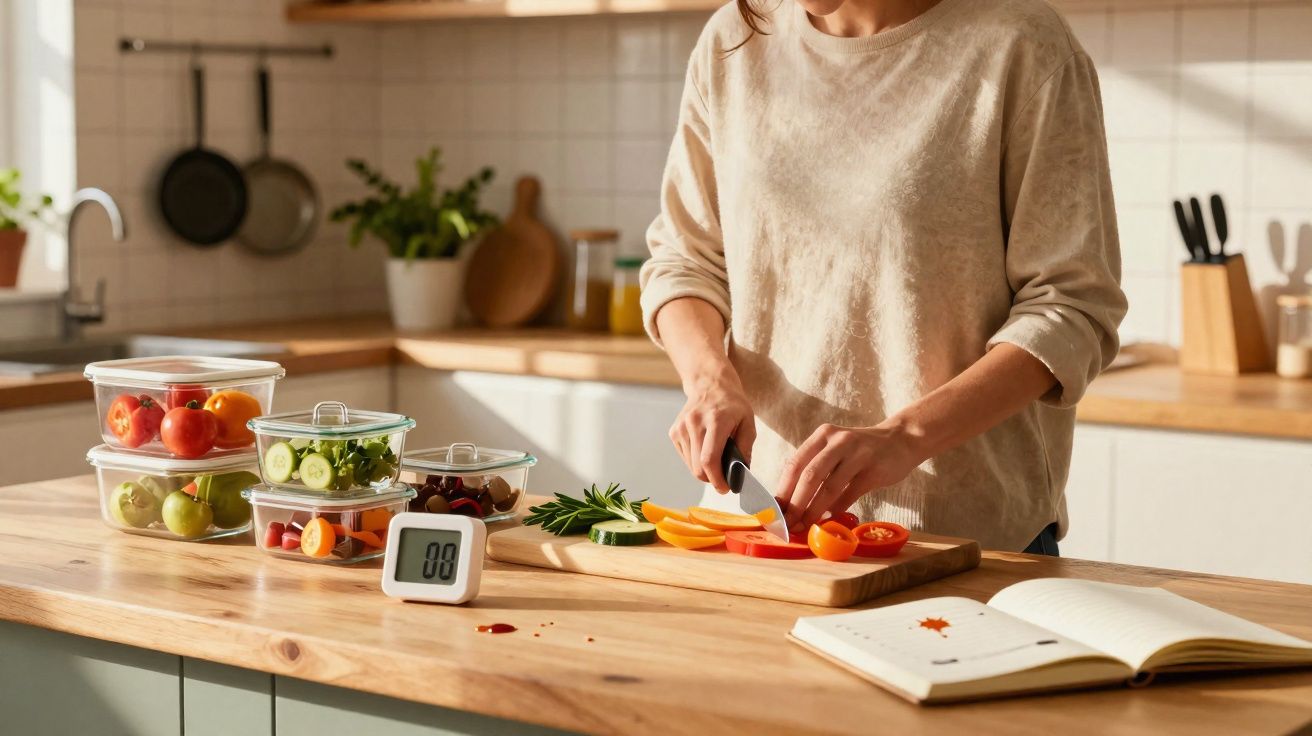 Pessoa a cortar legumes numa tábua de cozinha com recipientes de legumes frescos e livro aberto na bancada.