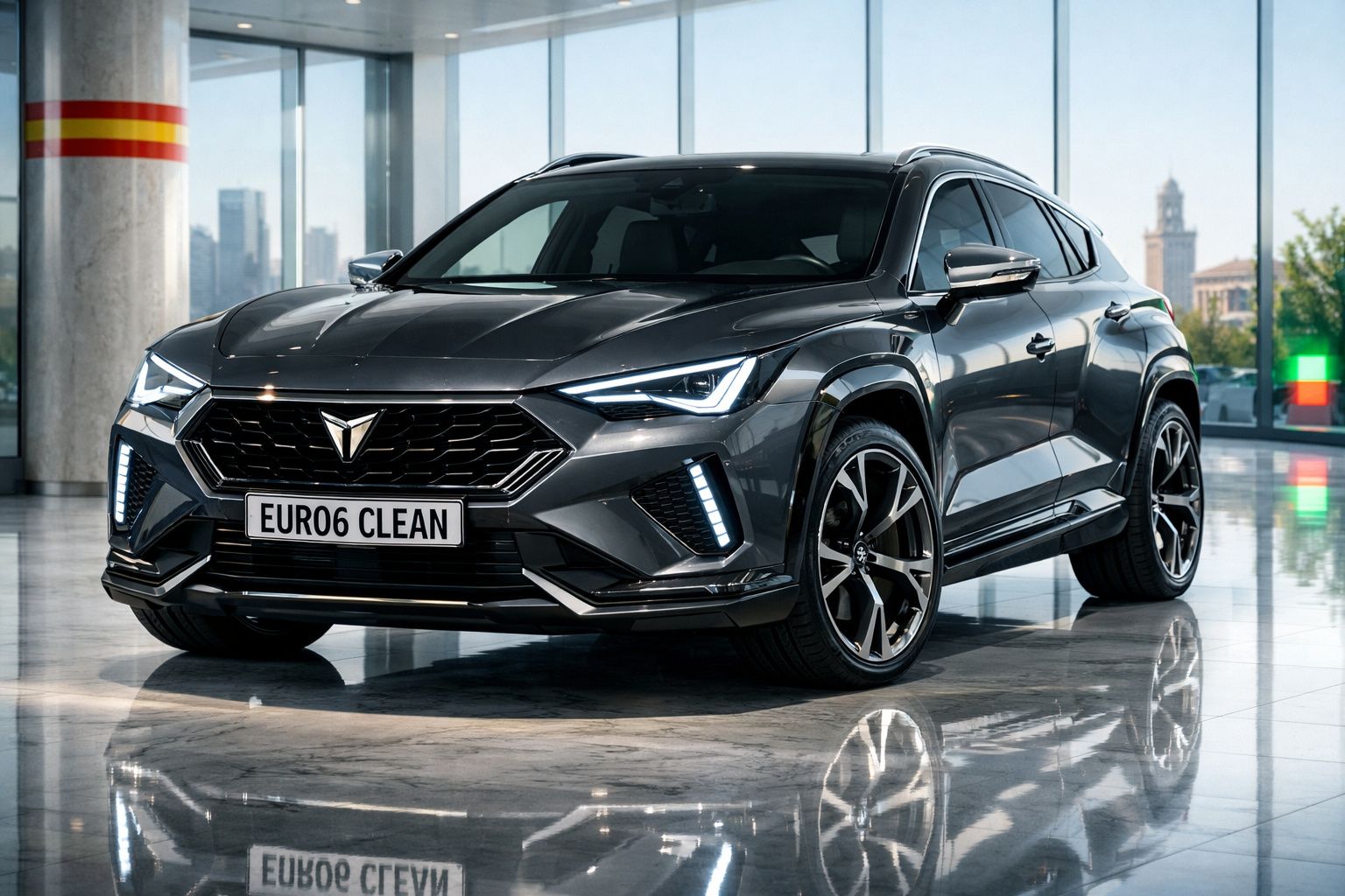 SUV desportivo preto com luzes LED, placa EURO6 CLEAN, num espaço moderno e luminoso.