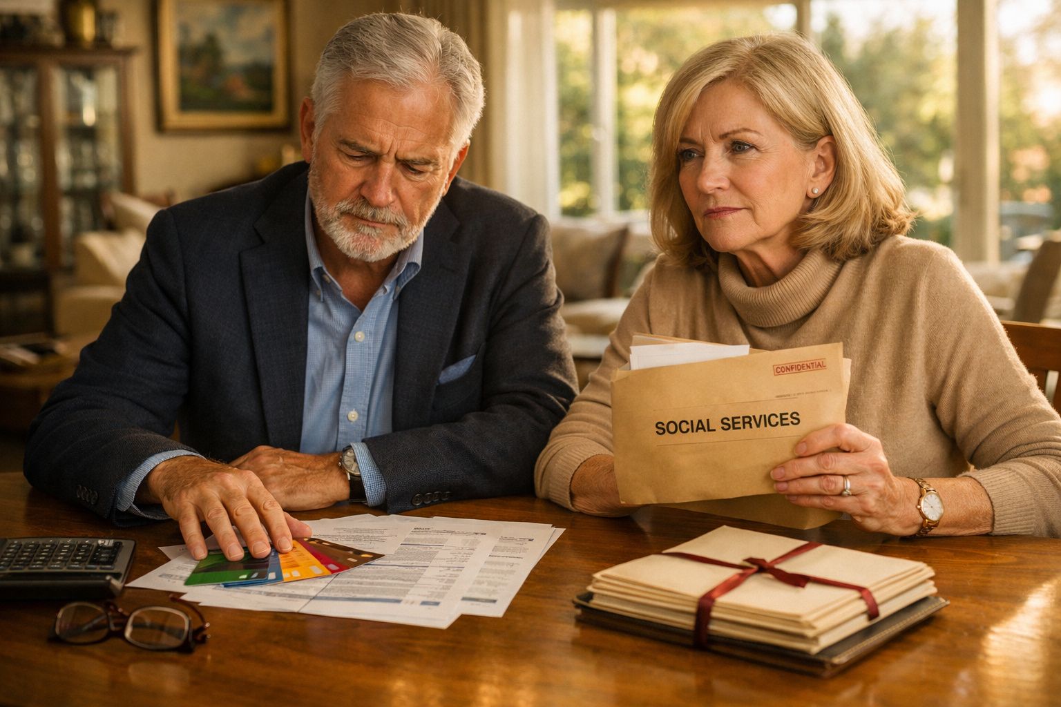 Casal sénior a analisar documentos financeiros e envelope marcado como serviços sociais.