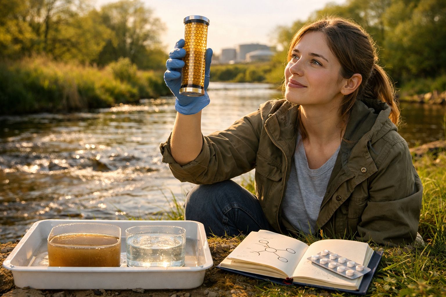Mulher com luvas azuis analisa amostra de água junto a rio com material de laboratório.