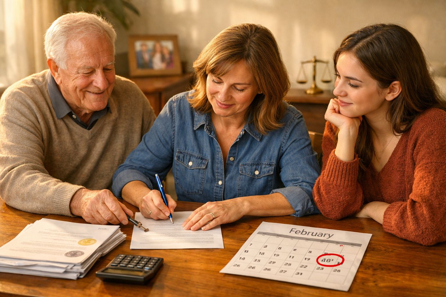 Três pessoas reunidas à mesa a assinar documentos, com calendário marcando o dia 18 de fevereiro.