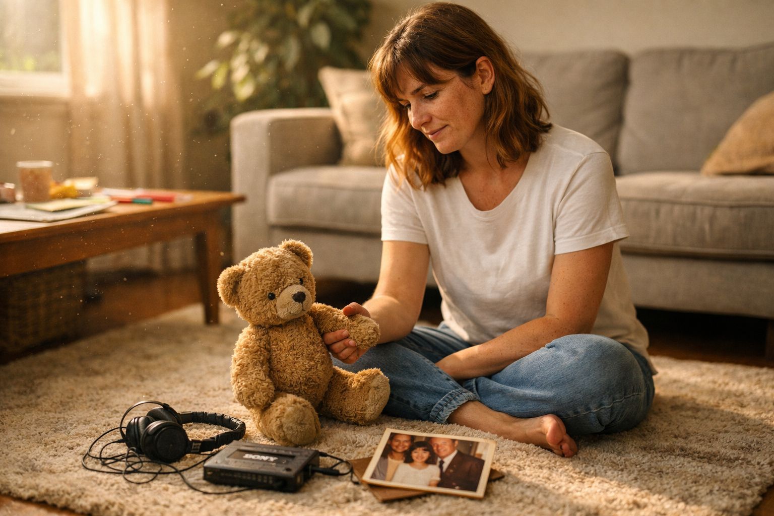 Mulher sentada no chão segurando a mão de um urso de peluche, com sofá, auscultadores e foto antiga no chão.