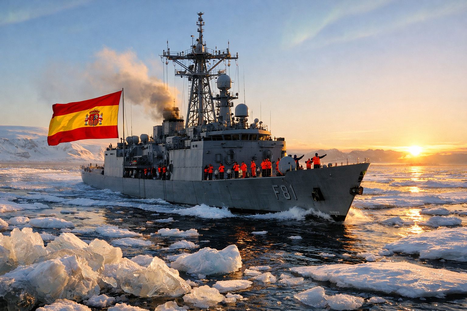 Navio de guerra espanhol F81 navegando em mar gelado ao pôr do sol com tripulantes de coletes laranja.